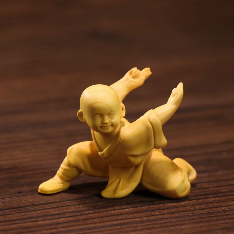 Boxwood Carved Handheld Figurine Character Kid Martial Kung Fu Little Monk Home Decoration Chinese Style Ornament_voghion.com