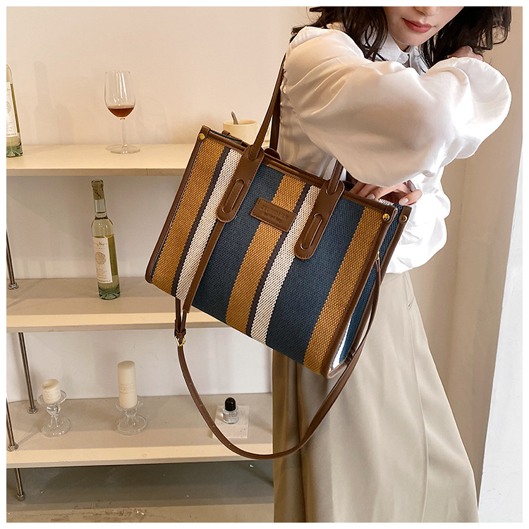 Nowa torba z grubej bawełny o dużej pojemności płócienna torba damska transgraniczny handel zagraniczny kontrastowy kolorowy pasek torba na ramię trend w modzie torba listonoszka_voghion.com