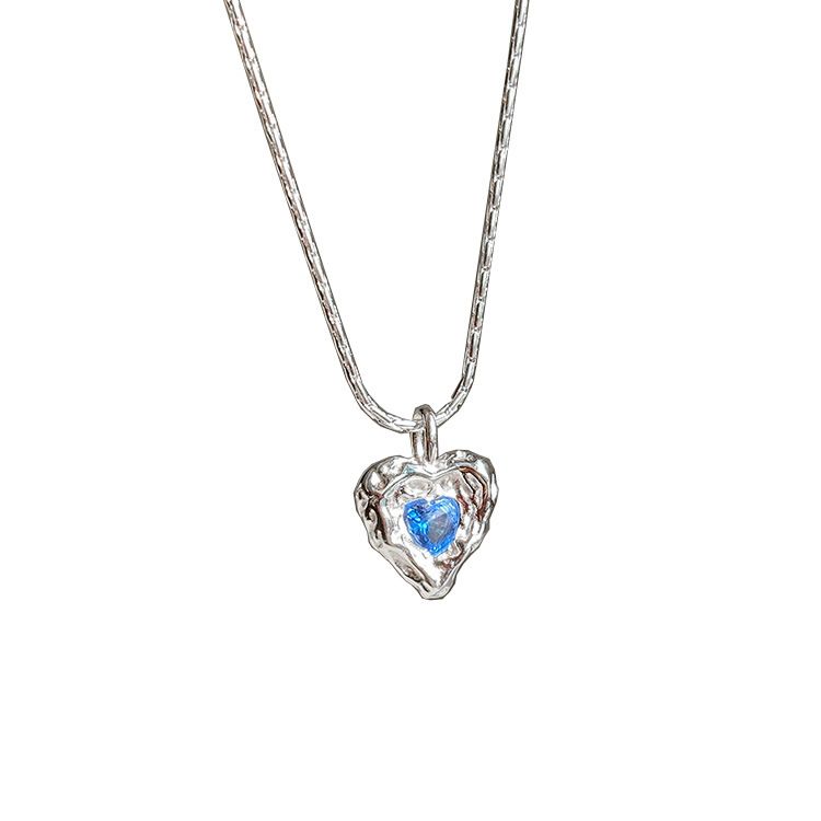 Collana in argento puro con lava blu per donna, stile freddo, design di nicchia, catena per clavicola a cuore irregolare_voghion.com