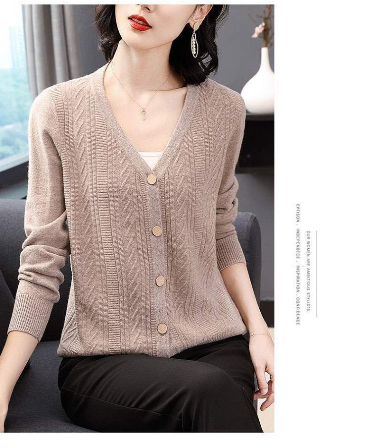 【 Cashmere Family】 Giacca cardigan in lana con scollo a V per donne di mezza età, madri in maglia sottile e maglione corto per capospalla_voghion.com