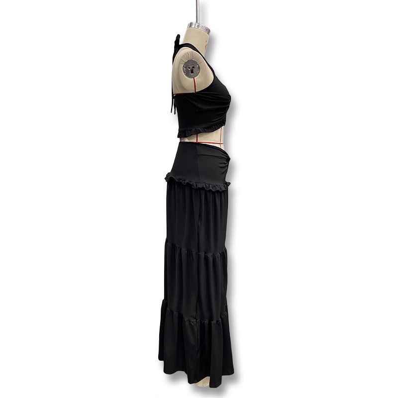 Conjunto de duas peças de blusa e saia longa com babados, moda inverno feminina, sexy, decote em V, estilo halter_voghion.com