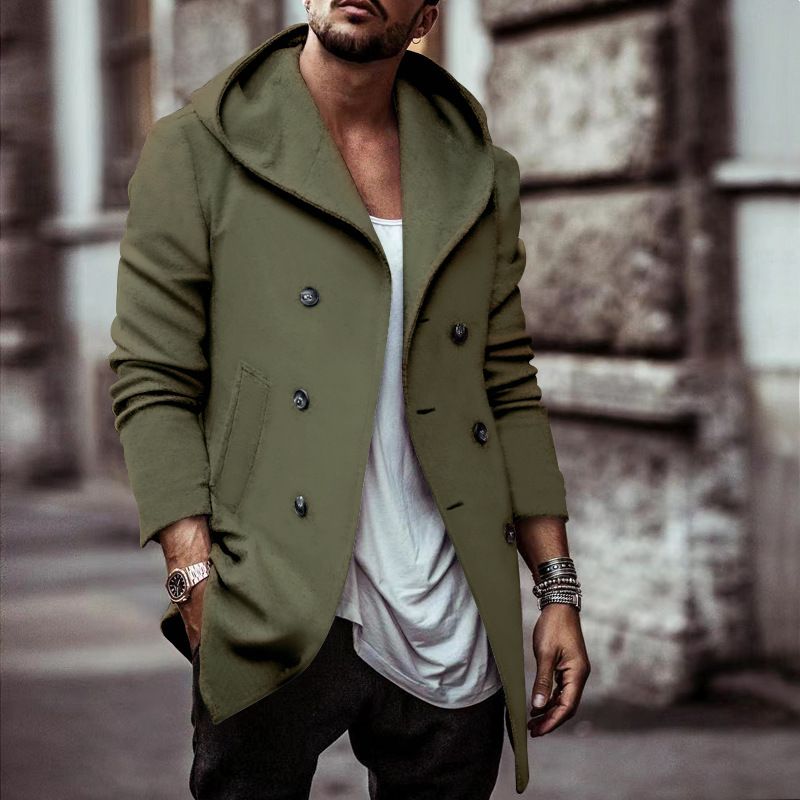 Abbigliamento da uomo Elegante cappotto lungo da uomo con cappuccio e bottoni doppiopetto - Tessuto composito leggero per abbigliamento casual e invernale_voghion.com