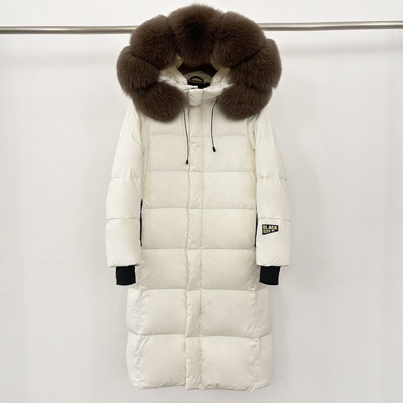 Abbigliamento da donna Cappotto in piumino d'oca Premium Gold Parka lungo extra caldo con cappuccio in pelliccia staccabile Soprabito invernale con lussuosa rifinitura in pelliccia di volpe/procione_voghion.com