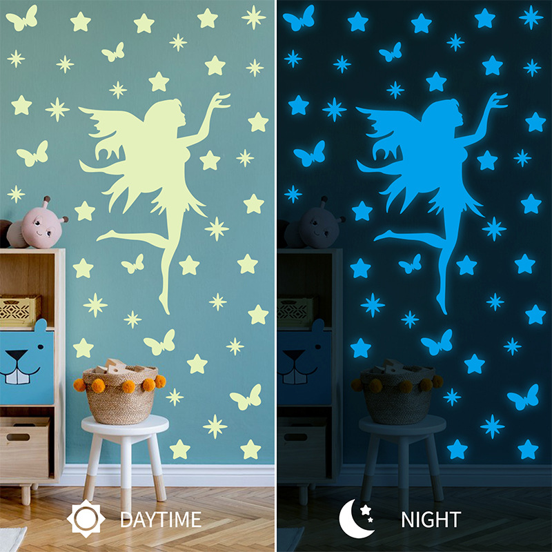 Schlafzimmerdekoration mit leuchtenden Wandaufklebern, fluoreszierenden Sternenhimmelaufklebern, feenhaft leuchtenden Sternschmetterlingsaufklebern und Nachttischaufklebern_voghion.com