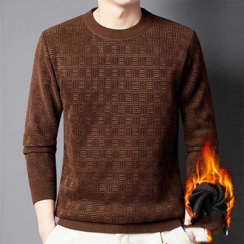 Men's Clothing Plus Velvet Sweater Men's Thickened Jacquard Plaid One piece Velvet Warm Top Solid Color Round Neck Bottoming Sweater_voghion.com