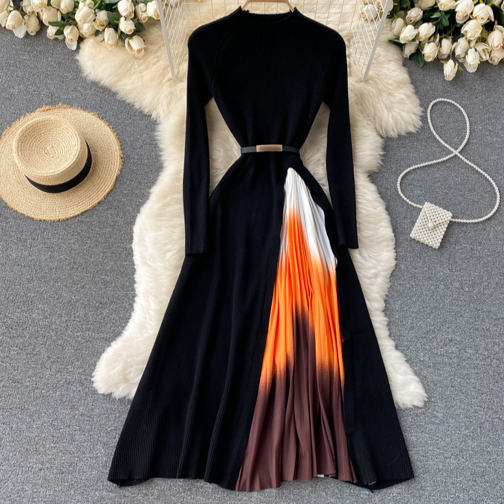 Abbigliamento da donna Elegante abito a vita sottile con pieghe a maglia, cuciture a maglia, colore sfumato, ampio swing_voghion.com