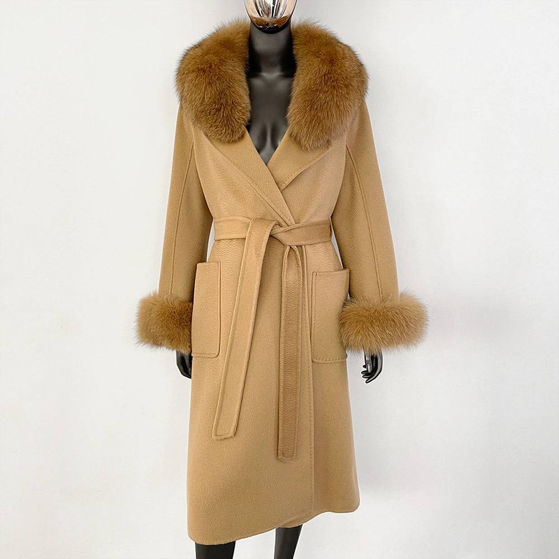 Dámské oblečení Fox Fur Collar Water Ripple oboustranný vlněný kabát pro ženy Luxusní vysoce kvalitní vlněný kabát_voghion.com