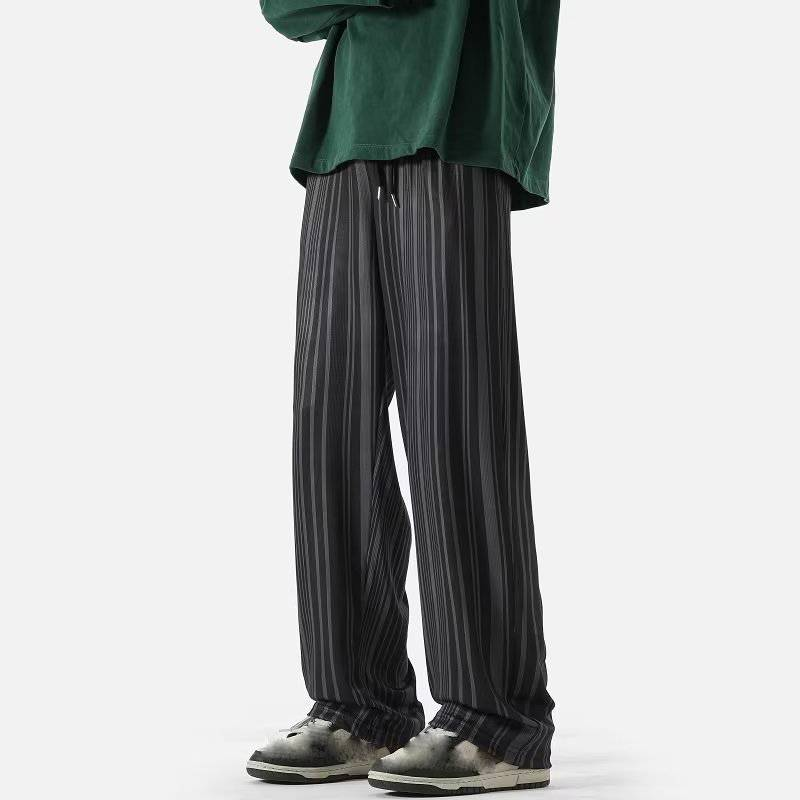 Pantaloni casual cu dungi verticale alb-negru texturați pentru bărbați, pantaloni largi, cu drapaj, pentru ștergere, pantaloni largi cu picior larg_voghion.com