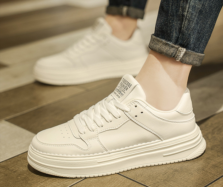 All White Board Shoes Men's Waterproof Casual Leather Shoes Sports Increase Thick Sole Small White Fashion Shoes_voghion.com