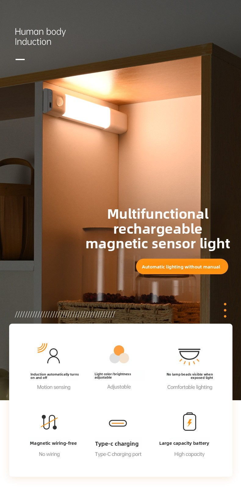 Smart Motion Sensor LED Strip Light – Wireless Magnetic & Self-Adhesive, Rechargeable For Cabinets, Wardrobes, Closets (Adjustable Brightness)_voghion.com