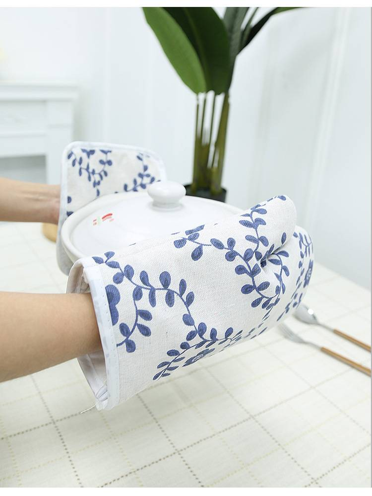 Bohemian Style Microwave Oven Gloves Set - Heat Resistant Cotton Linen Mitts With Geometric Leaf Print (26cm Length, 18cm Width, Washable)_voghion.com