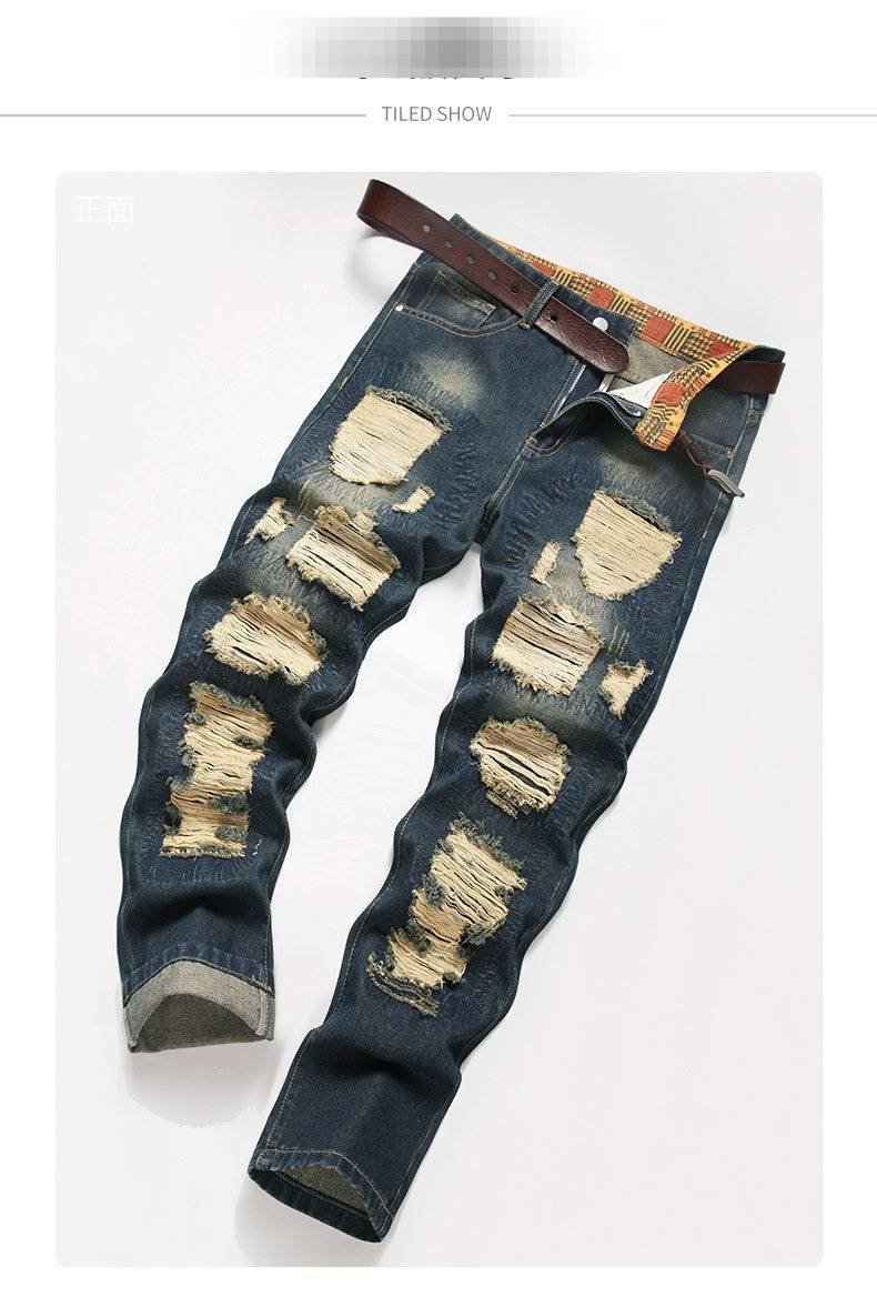 Abbigliamento da uomo Jeans strappati, larghi e dritti, non elasticizzati, Pantaloni in denim blu strappati da uomo_voghion.com