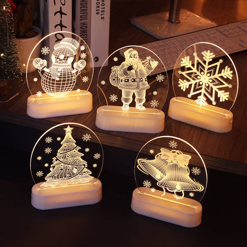 Luces LED 3D para la noche de Navidad: Papá Noel, muñeco de nieve, reno, árbol, campana, copo de nieve y formas de casa para decorar el hogar._voghion.com