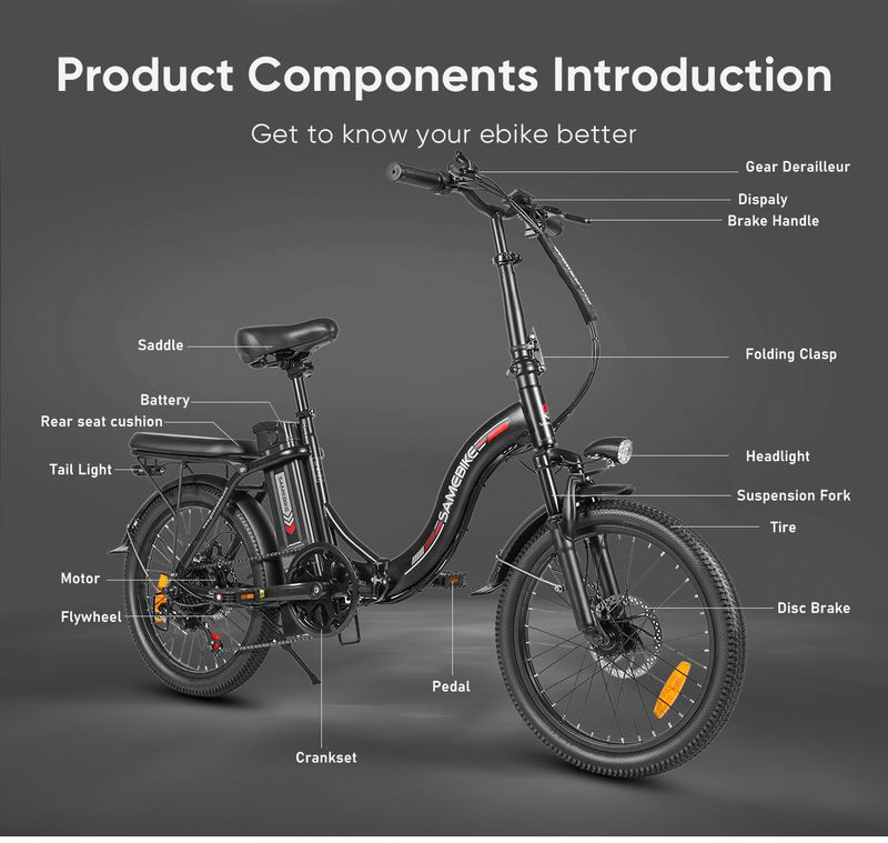 SAMEBIKE Bicicletta elettrica pieghevole, bicicletta elettrica da 20'' per pendolari per adulti, autonomia di 70 km e velocità di 25 km/h_voghion.com