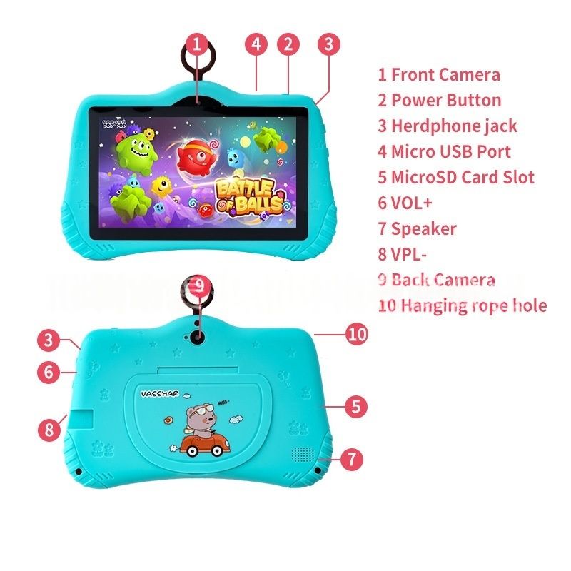 Stoßfestes 7-Zoll-Kindertablet mit Kindersicherung | Android 12 | 16 GB Speicher | Dual-Kamera | Bluetooth | IPS-Bildschirm | Vorinstallierte Lern-Apps_voghion.com