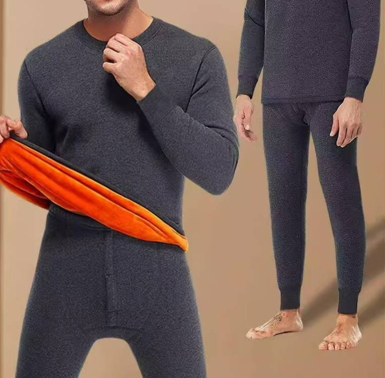 Men's Clothing Trade Men's Thermal Underwear Set, Gold Fleece Lined And Thickened Long Sleeved T Shirt And Trousers Set_voghion.com