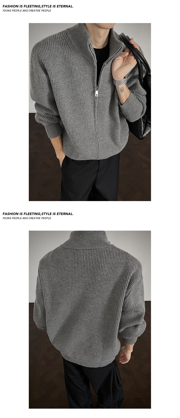 Unisex-Pullovermantel mit Stehkragen und Reißverschluss – Stilvolle Herbststrickmode mit schmaler Passform, Retro-Design und modischem Look_voghion.com