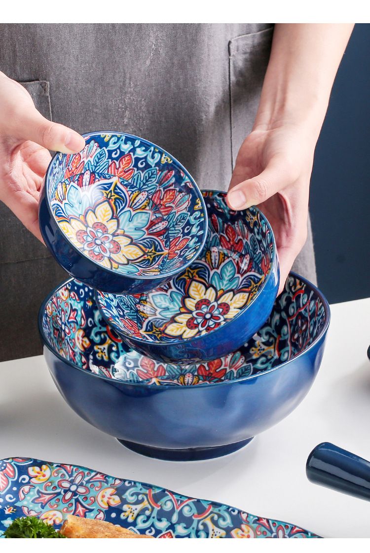Baroque Style Ceramic Dinnerware Set - 16-Piece Handled Bowls & Plates For Rice & Soup_voghion.com