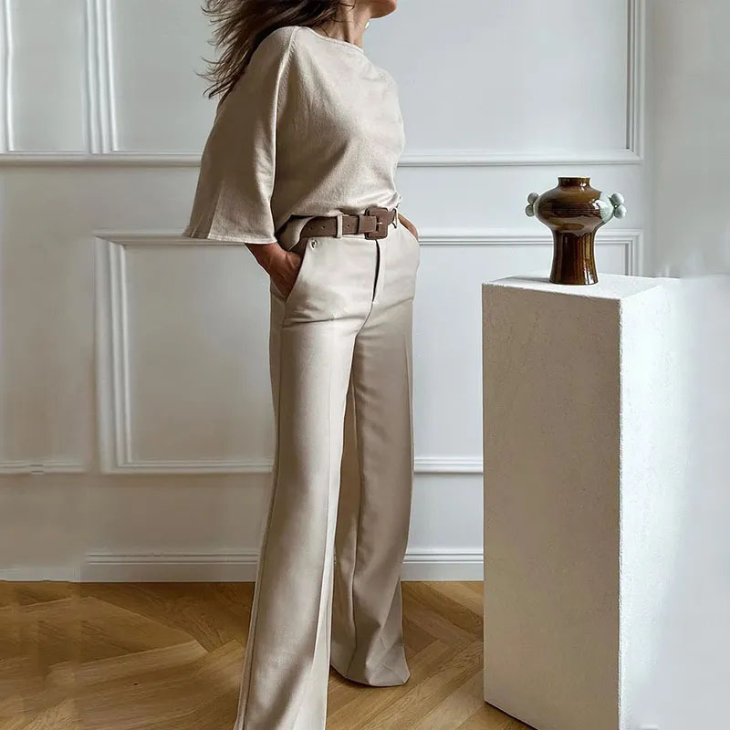 Women's new summer bat shirt top design with slightly flared suit pants suit_voghion.com