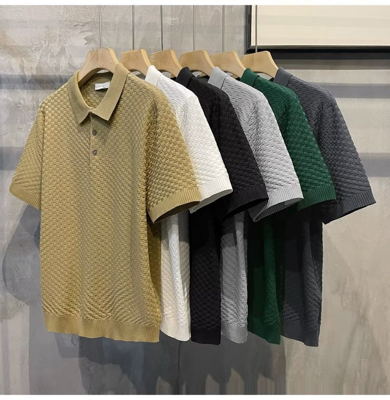 Herrenbekleidung Sommer New Ins Revers Kurzarm Poloshirt Herren Leichtes Luxus All Match Einfarbiges Kariertes Textur T-Shirt_voghion.com