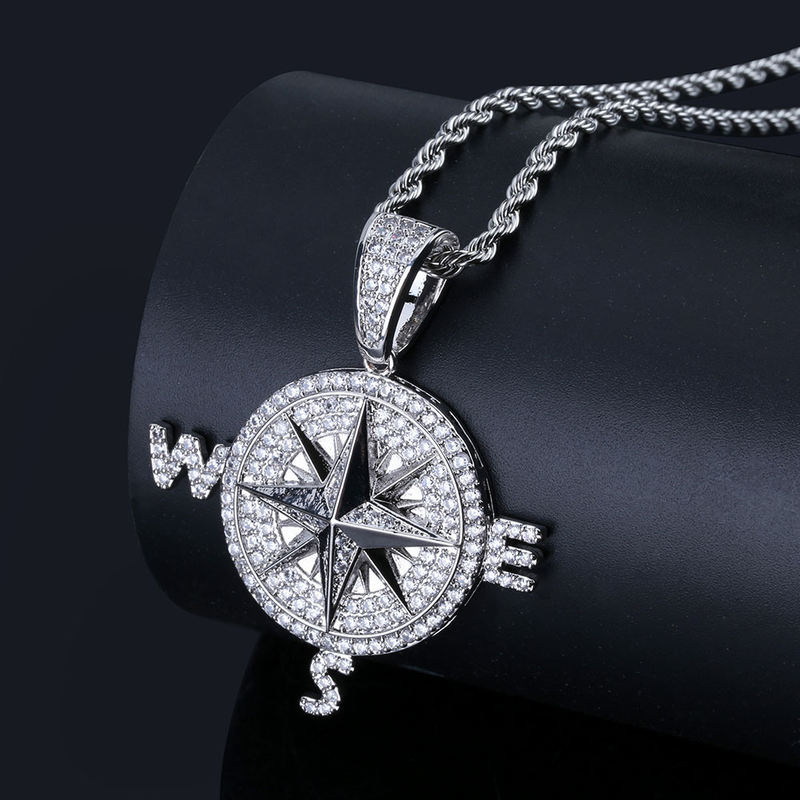 Estilo hip hop bússola estilo pingente personalizado cheio de zircão marca de moda acessórios colar masculino_voghion.com