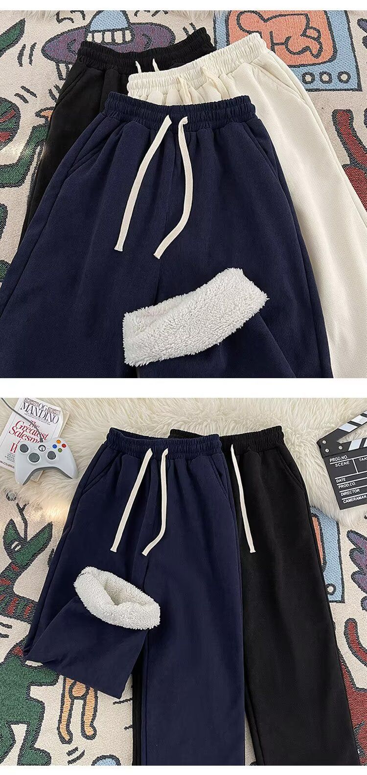 2024 Thick Cashmere Casual For Men's Autumn And Winter Trendy Brand Solid Color Loose Warm Straight Leg Pants_voghion.com