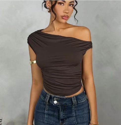 Abbigliamento da donna, estivo, nuovo, versatile, decorativo, piccolo gilet plissettato, monospalla, corto, da donna, sexy, da ragazza calda_voghion.com