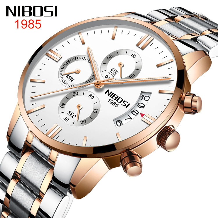 Reloj de cuarzo con tres esferas y 6 pines luminoso con esfera de acero macizo y botón de mariposa SI para hombre, resistente al agua y con revestimiento de vidrio_voghion.com