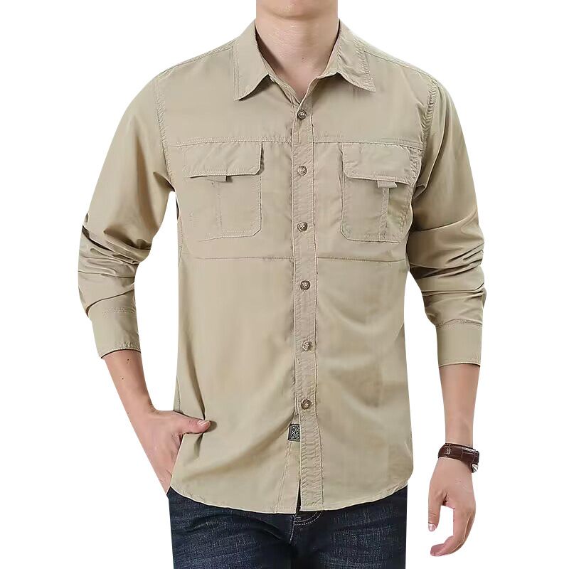Men's Loose Fit Long Sleeve Shirt For Spring And Autumn, Casual Workwear With Multiple Pockets, Lightweight_voghion.com