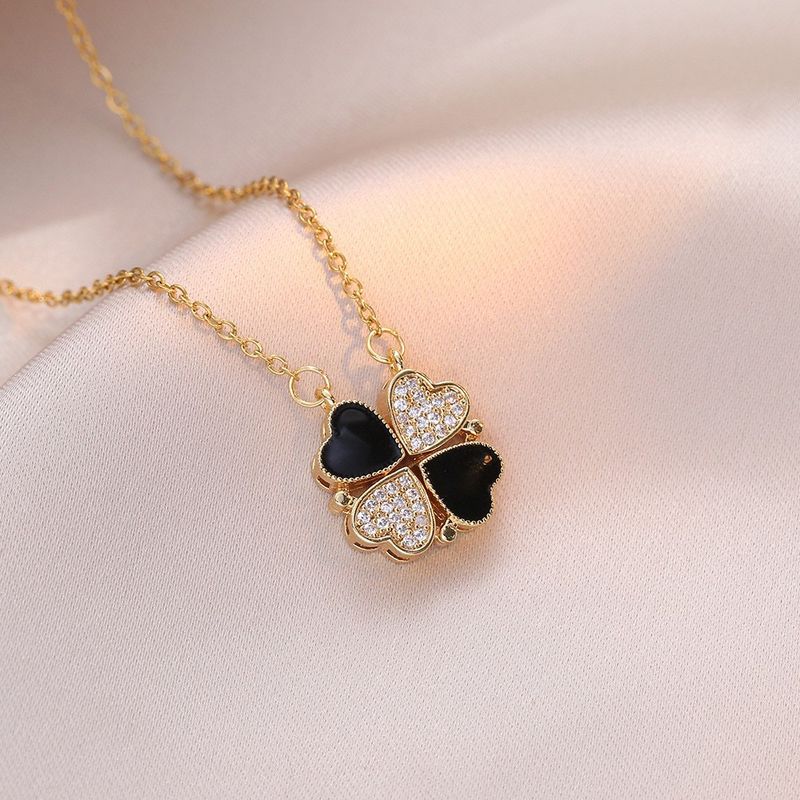 Colar elegante ajustável de trevo de quatro folhas com pingente de coração - Corrente em camadas de aço inoxidável, detalhes em zircônia cúbica, presente moderno para mulheres_voghion.com