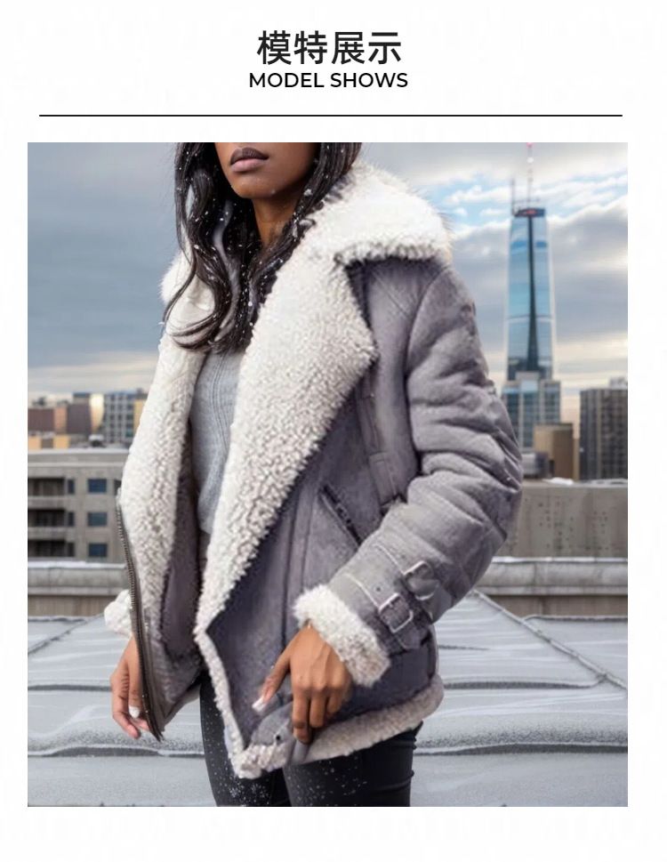Women's Faux Suede Fleece Lined Jacket With Turn-Down Collar - Winter Coats For Women, Oversized Long Sleeve Outerwear In Black/Brick Red/Gray_voghion.com