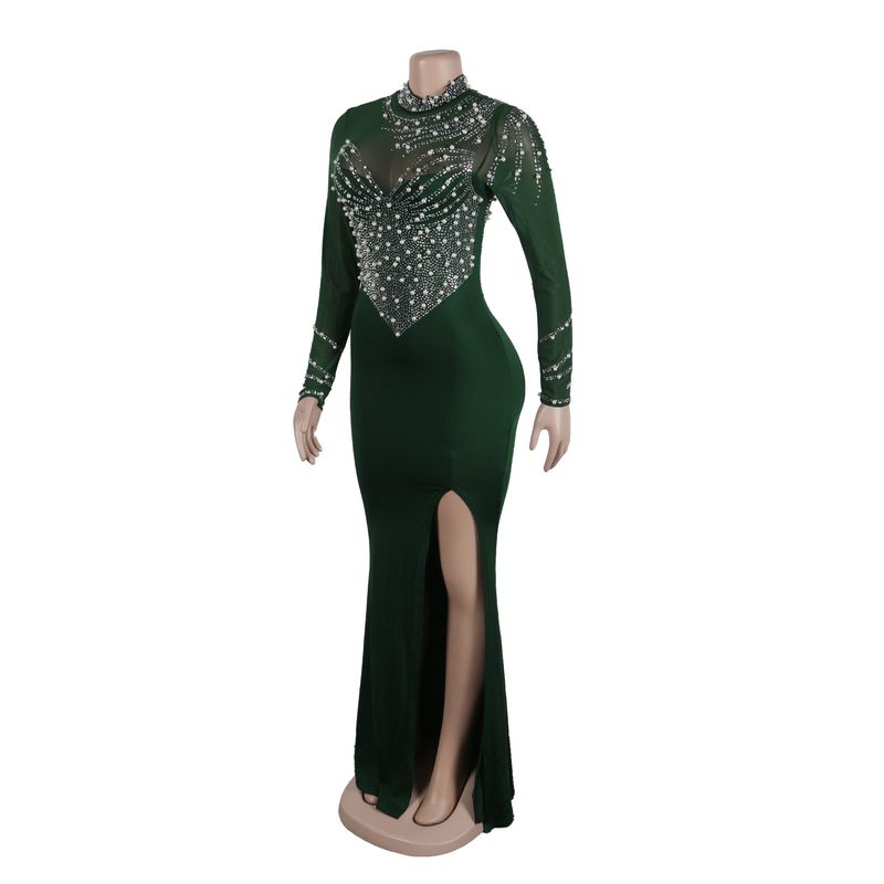 Women's clothing hot diamond pearl see through waist and hip elastic slit dress_voghion.com