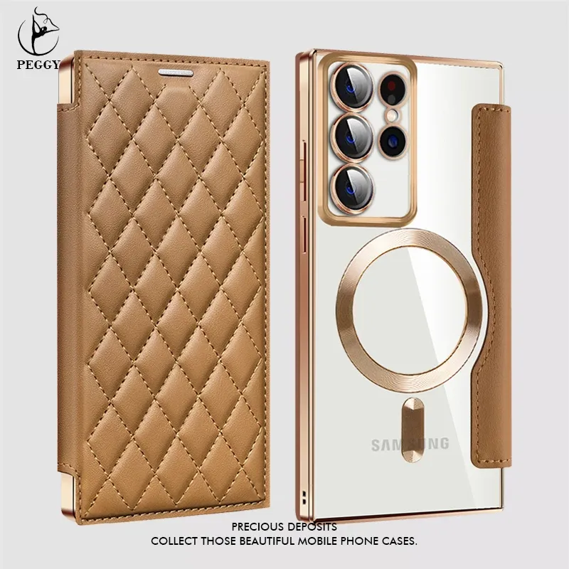 Shell Magnetic for Leather Samsung Galaxy S23FE S24 S22 Ultra Plus Wireless Charge Card Holder Shockproof Hard Cover_voghion.com