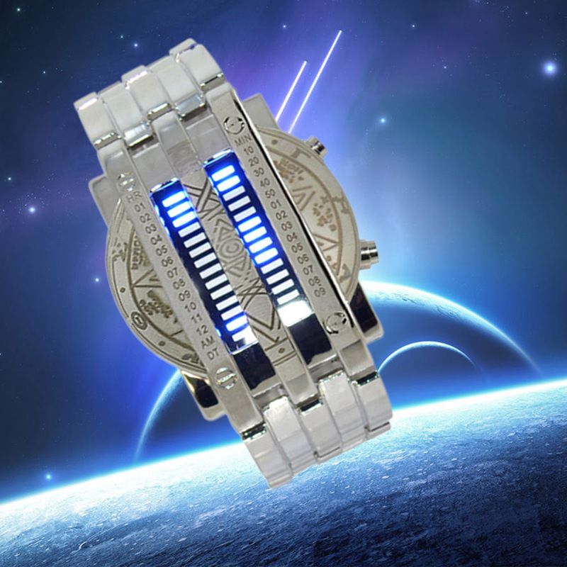 Relógio Digital Binário LED Masculino - Cronógrafo Empresarial Elegante com Pulseira de Corrente, Calendário e Mostrador Mensal, Resistente à Água_voghion.com