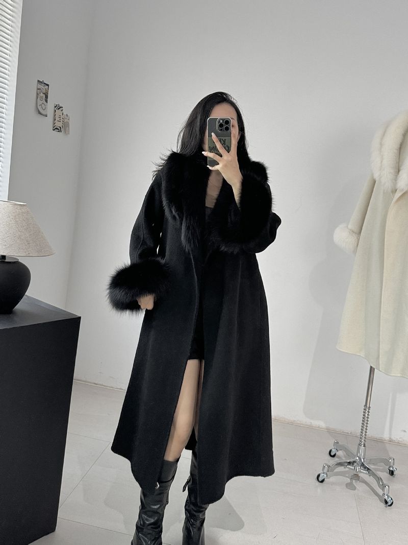 Damenbekleidung Luxuriöser doppelseitiger Wollmantel Langer Trenchcoat mit Gürtel und Fuchspelzbesatz für elegantes Pendeln_voghion.com