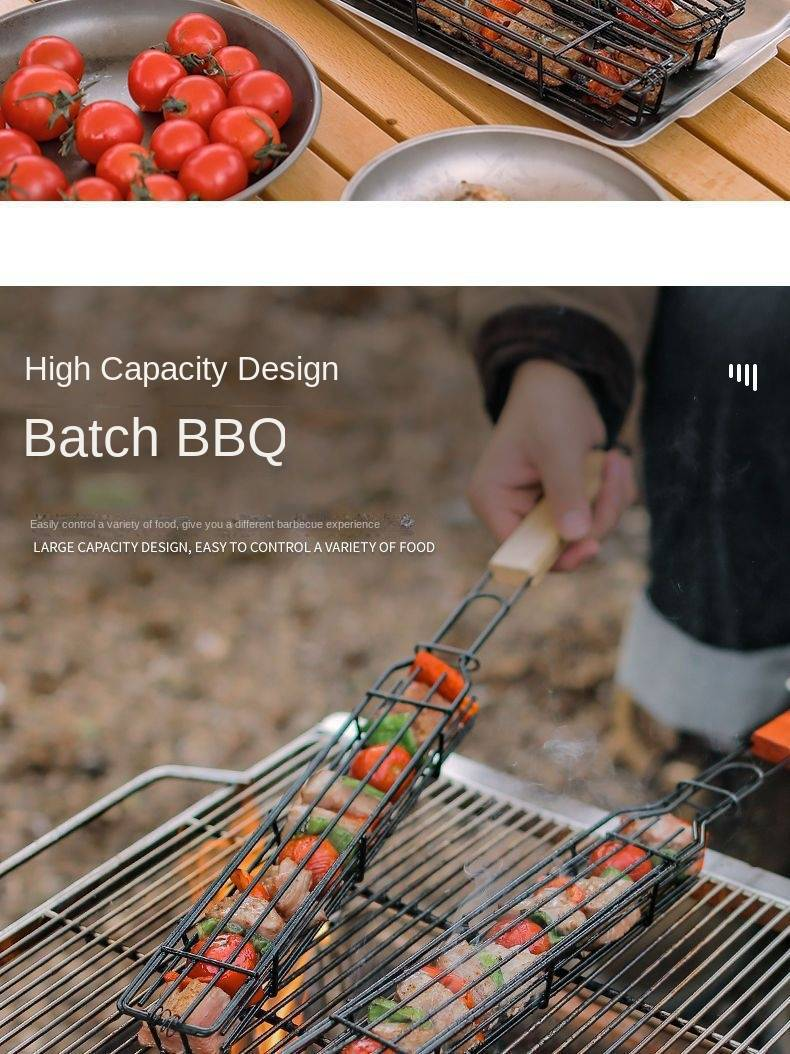 2-Pack Outdoor Wooden Handle BBQ Grill Basket - Perfect for Camping, Meat & Vegetable Grilling, Picnic BBQ Tool, Charcoal Sausage Skewers_voghion.com