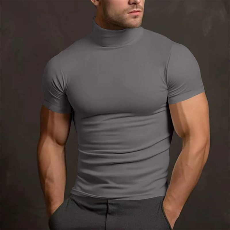 Summer 2025 European-Amecian Fashion Top Tee Men's Half High Collar Pure Color Short Sleeve Skinny T-Shirt S-3XL_voghion.com