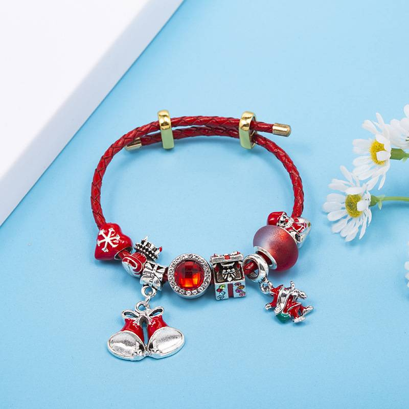 Charmarmbanden Kinder DIY-armband Kerststijl Rode kristallen kralen Verstelbare leren touwarmband_voghion.com