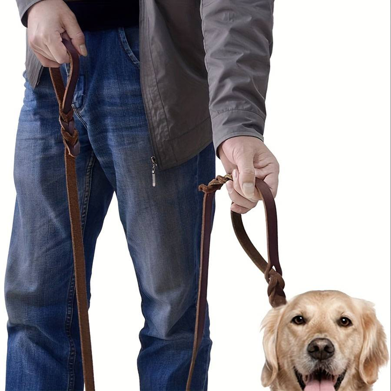 Leather Double Handle Dog Leash-1.8cm Width By 6ft Length, Braided Training Lead With Traffic Handle, Easy Control And Heavy Duty_voghion.com