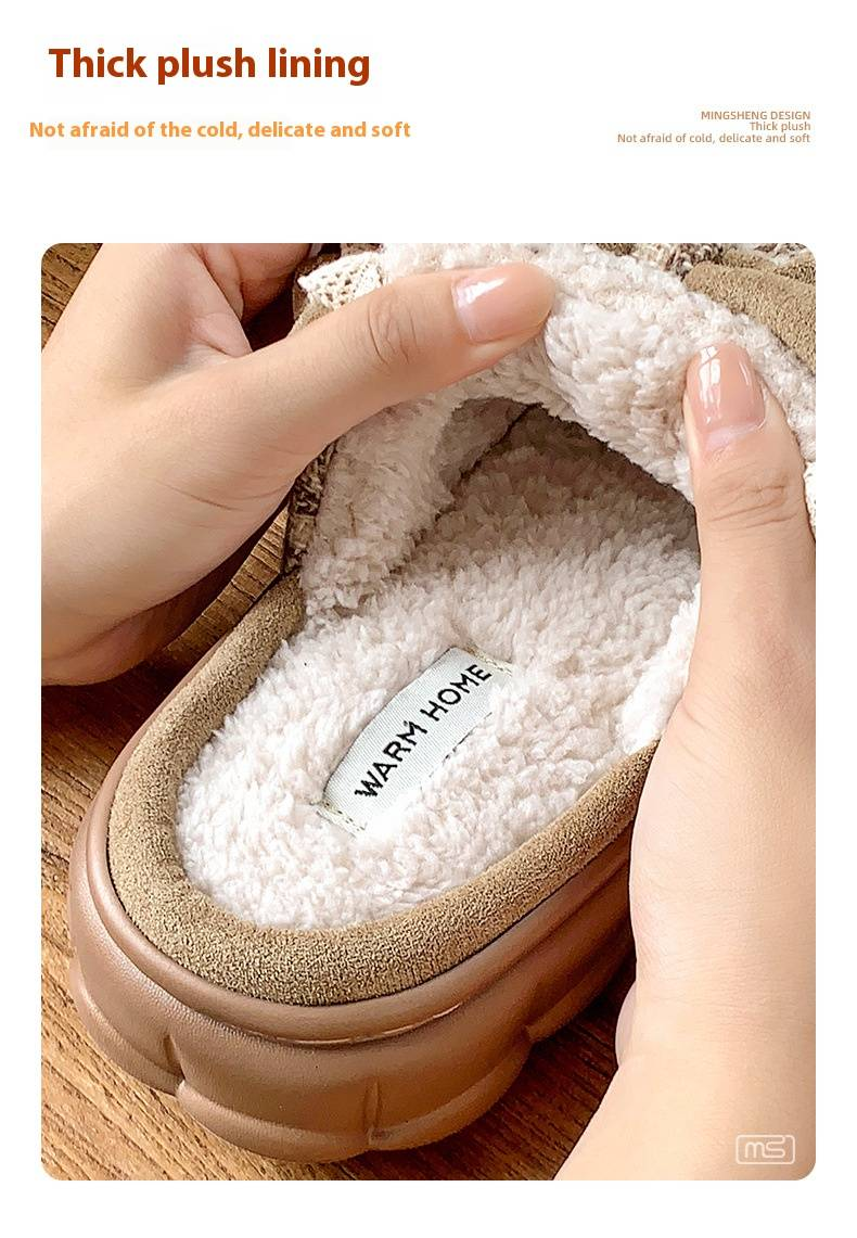 Pantuflas de casa con lazo para mujer: zapatillas de interior con forro polar y suela de espuma viscoelástica de 3 cm, antideslizantes para el invierno (caqui/verde/marrón)_voghion.com