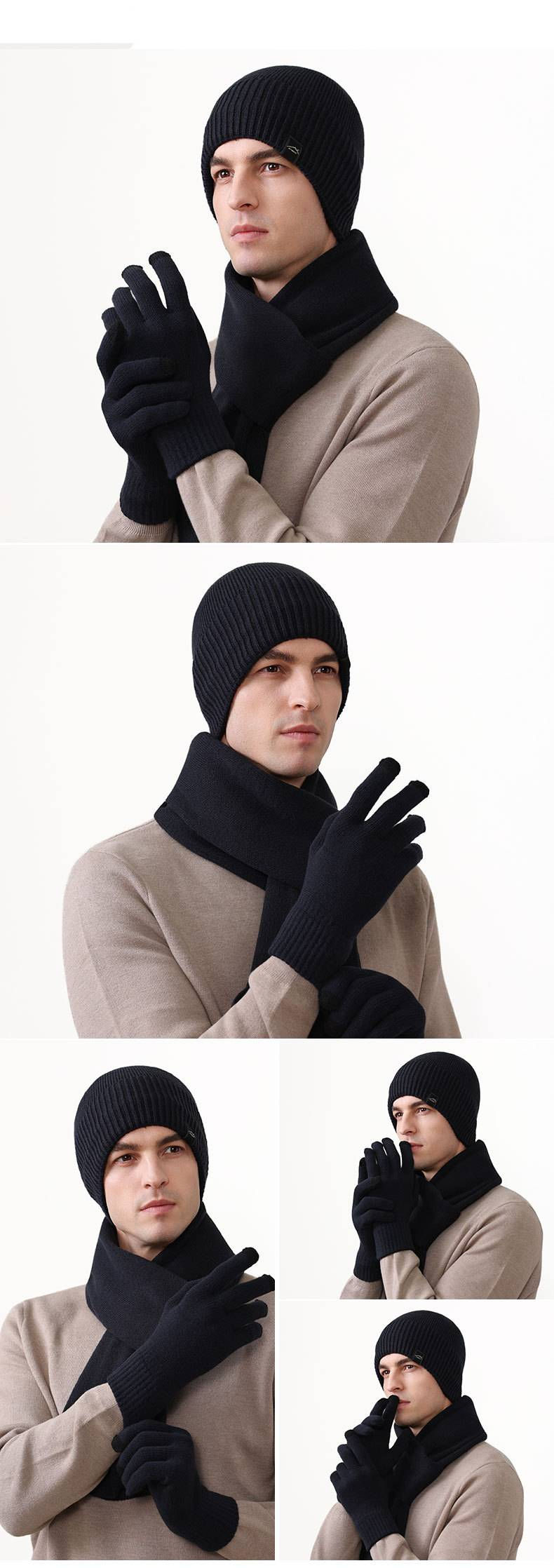 Cappelli da uomo in velluto, spesso, caldi e antivento, abito da tre pezzi con ampia circonferenza della testa, cappello lavorato a maglia, sciarpa lunga e guanti touch screen_voghion.com