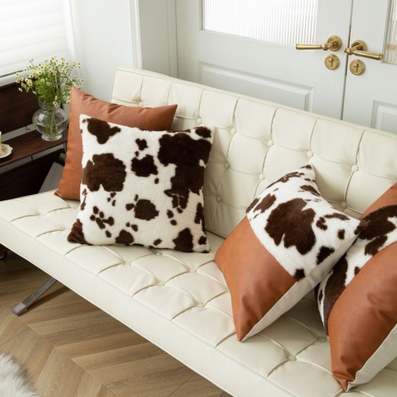 Premium Cow Print Faux Fur Throw Pillow Covers With Insert - 45x45cm Soft Decorative Cushions For Sofa, Car, Living Room_voghion.com