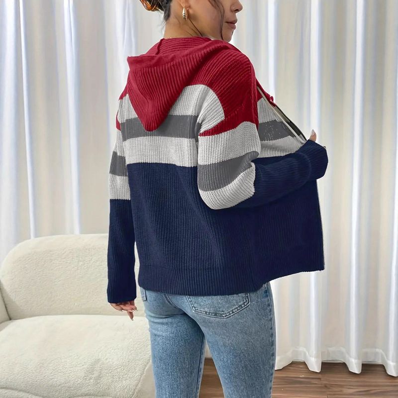 Gestreifte Strickjacke mit Kapuze – Übergroßer Langarmpullover für Damen (S-L, Mischfarben, Winter & Herbst)_voghion.com