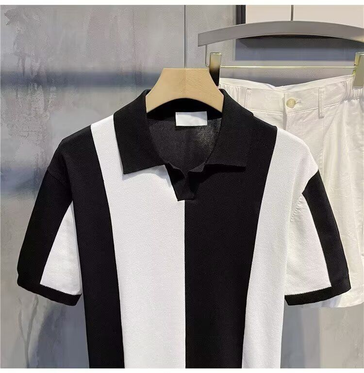 Polo da uomo in seta ghiacciata con risvolto, a maniche corte, a righe, in tinta unita, traspirante, fresco, sottile, a mezza manica_voghion.com