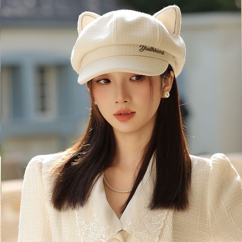 Cappello ottagonale da donna in stile britannico autunno inverno, grande circonferenza della testa, basco snellente, versatile, con orecchie da gatto_voghion.com