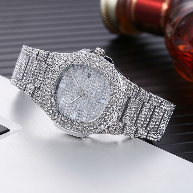 2pcs/set watch bracelet set hip hop style large dial diamond steel watch + full diamond bracelet_voghion.com