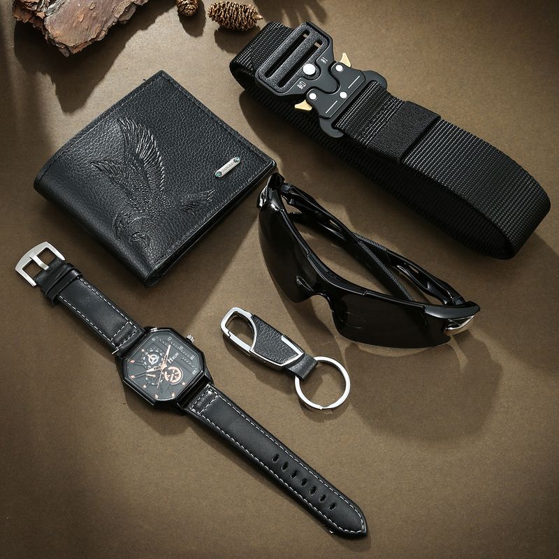 Accessoires unisexes mode double couche boîtier carré ceinture décontracté hommes sport ensemble de 5 pièces montre à quartz_voghion.com