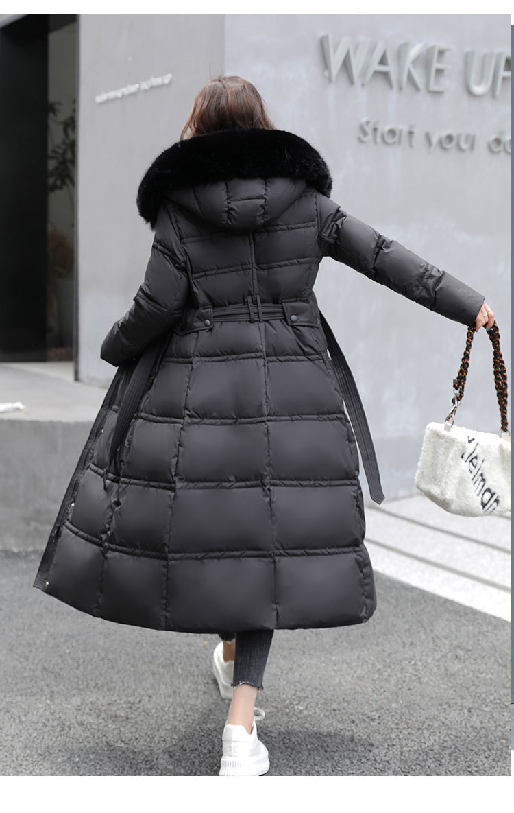 Roupas femininas Jaqueta quente Jaqueta acolchoada Longa Acima do joelho Gola de cabelo grande Versão coreana Cinto de emagrecimento Jaqueta acolchoada_voghion.com