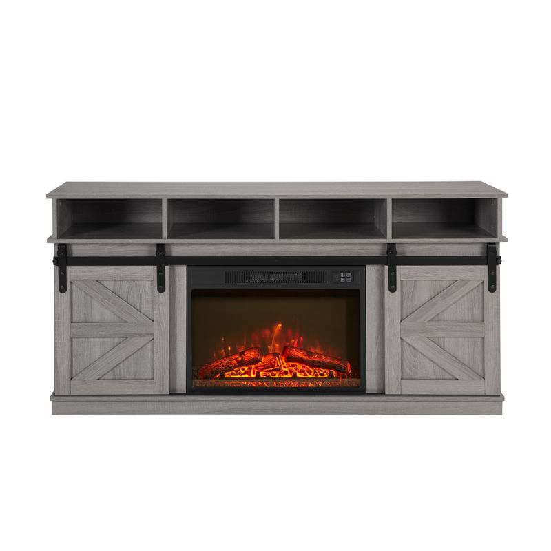 Modern Farmhouse TV Media Stand, Large Barn Inspired Home Entertainment Console, With 23" Fireplace Insert, For TV Up To 65'', With Open Shelves And Closed Cabinets, Grey_voghion.com