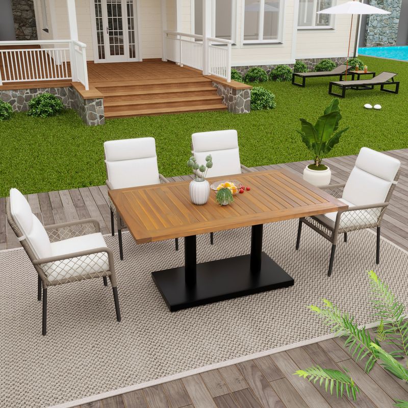 Ensemble de salle à manger d'extérieur 5 pièces pour 4 personnes, table en acacia massif, chaises en rotin synthétique, pour jardin et terrasse_voghion.com